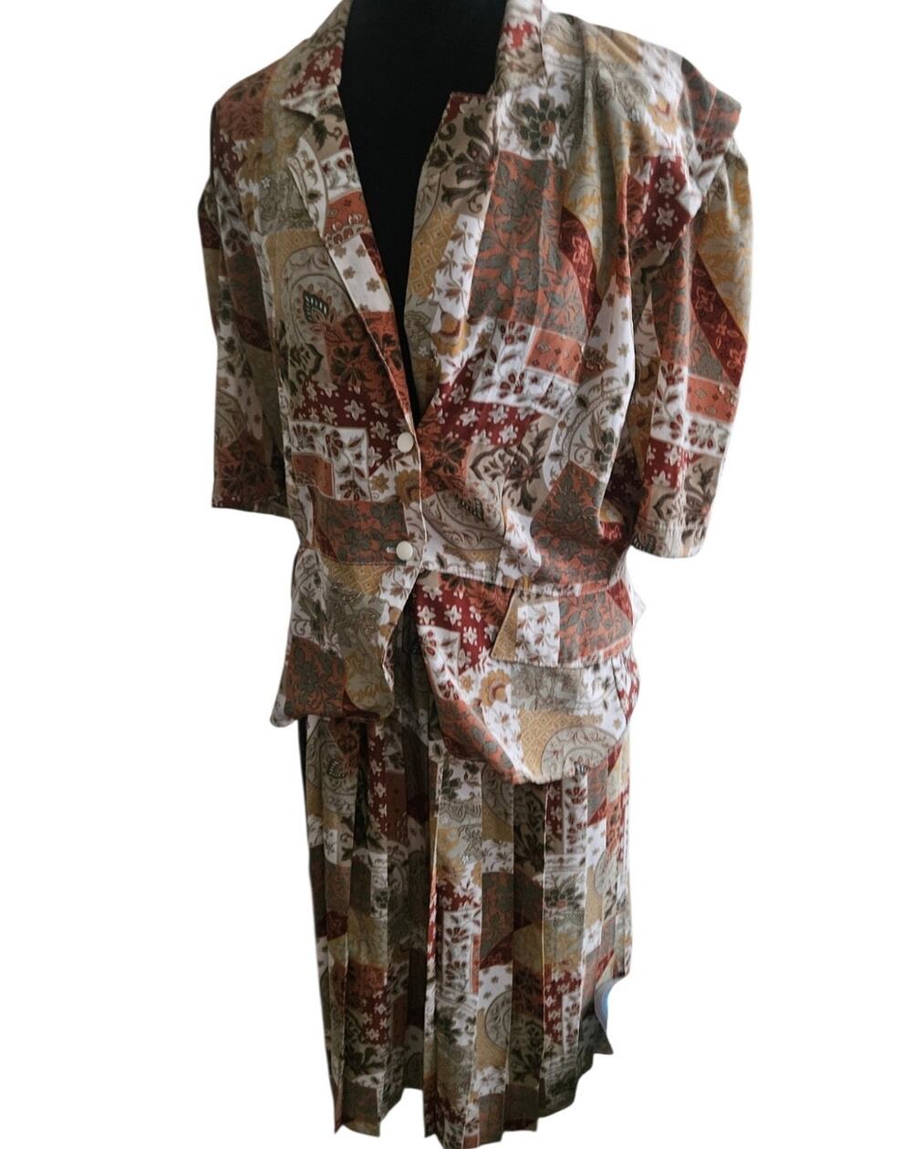 Vintage Patchwork 80s 90s Retro Tan Floral Print 2 Piece Skirt Set Medium France